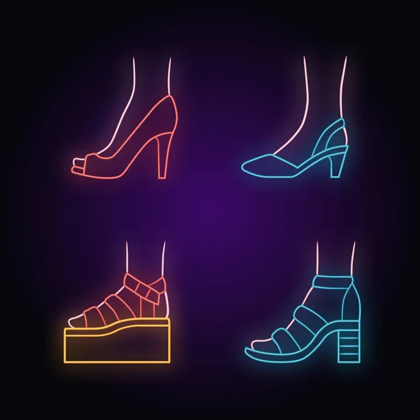 Nők nyári cipő neon könnyű ikonok készlet. Női elegáns formális a — Stock Vector