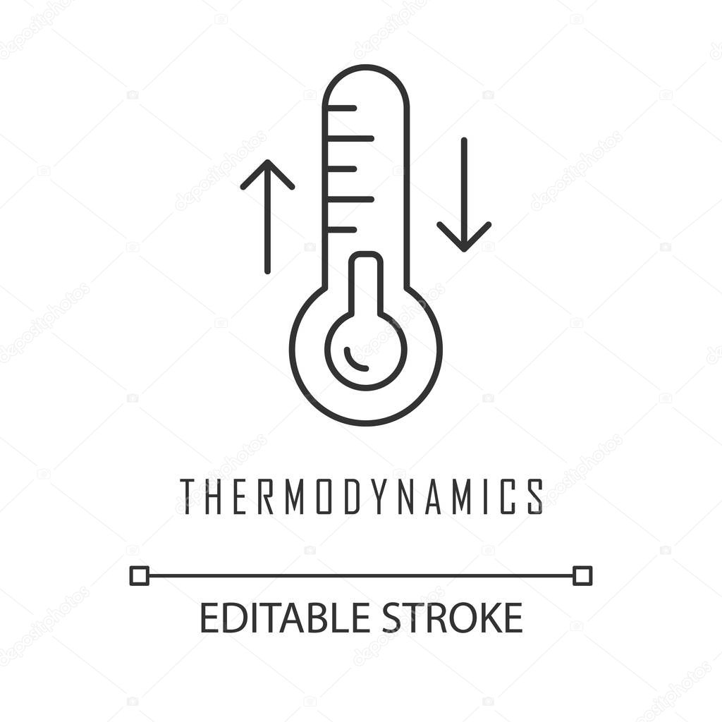 Thermodynamics linear icon. Temperature fluctuations. Thermal effects. Heating and cooling physical processes. Thin line illustration. Contour symbol. Vector isolated outline drawing. Editable stroke