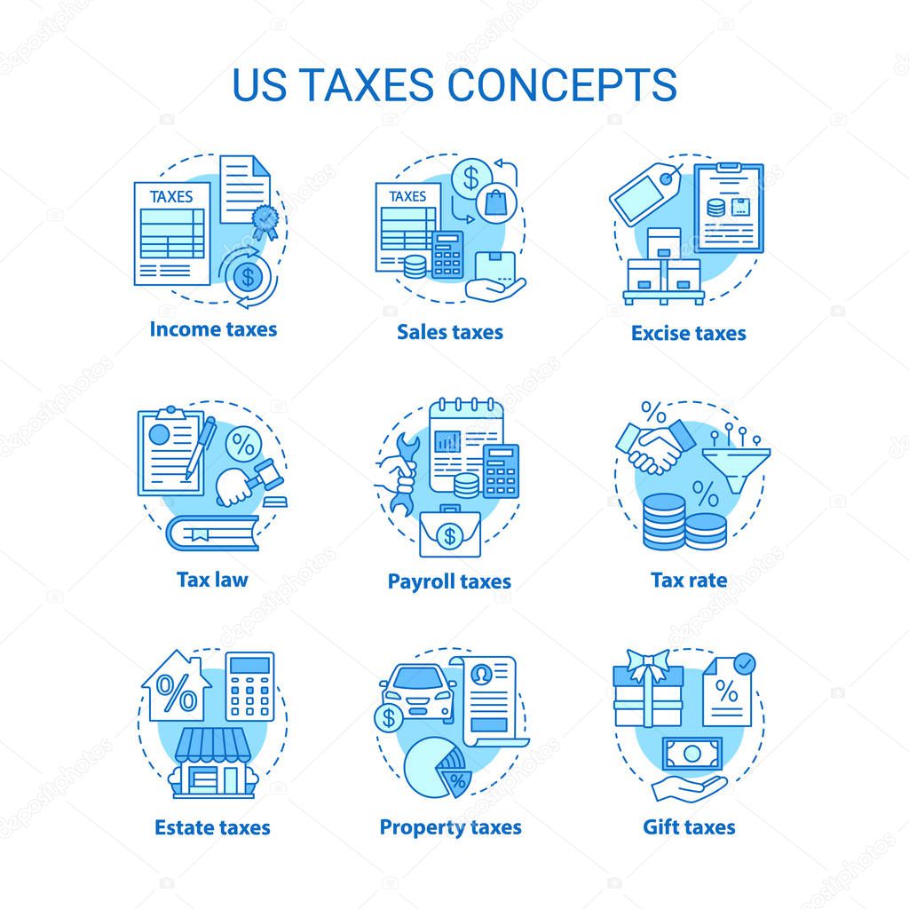 US taxes blue concept icons set. Percentage rate of taxation idea thin line illustrations. Property, sales, excise, estate tax. Financial charge. Vector isolated outline drawings. Editable stroke