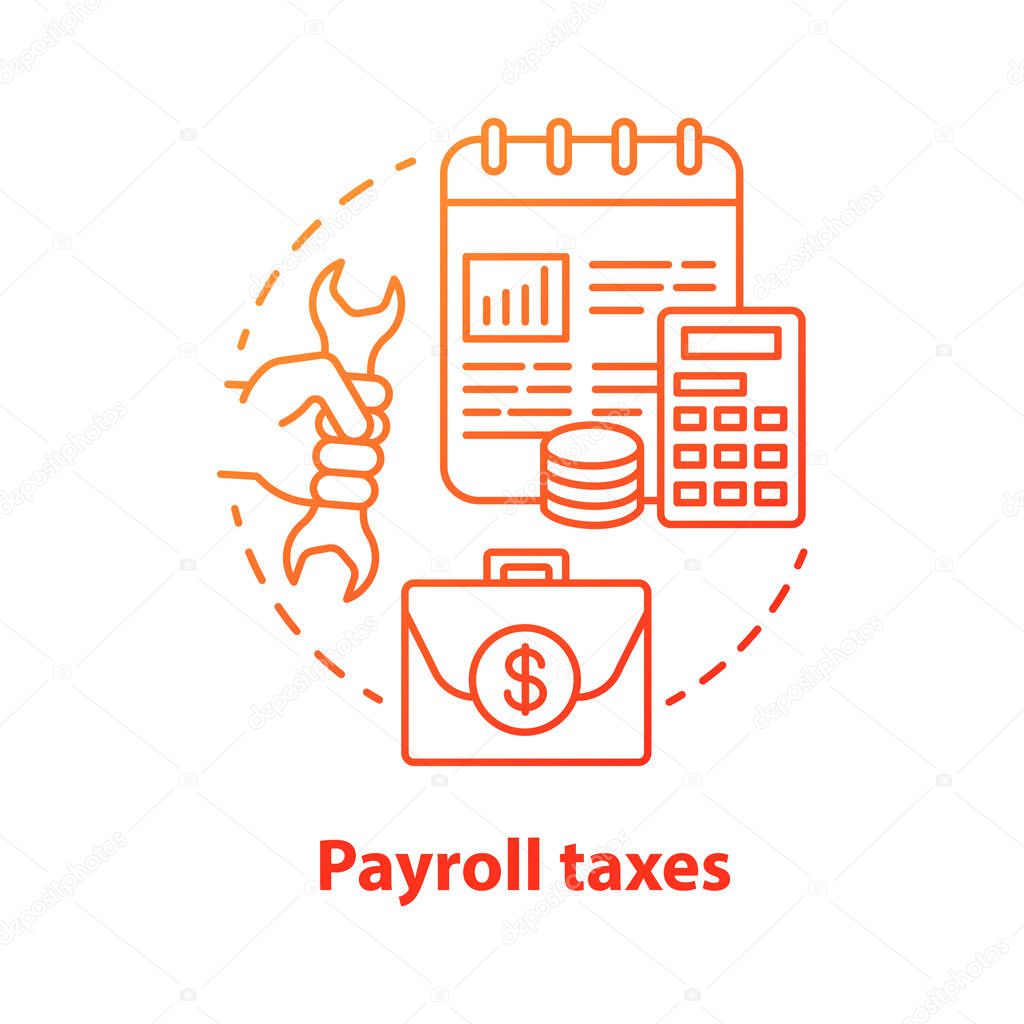 Payroll taxes red concept icon. Staff revenue taxation idea thin line illustration. Social security contribution. Paying withholding tax to government. Vector isolated outline drawing