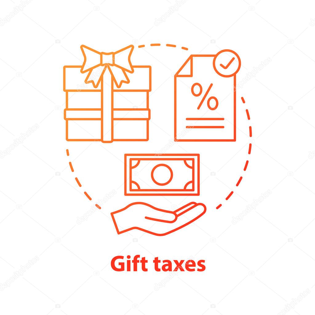Gift taxes red concept icon. Goods taxation idea thin line illustration. Interest rate on present. Tax on transferring wealth. Paying fee for gift box. Vector isolated outline drawing