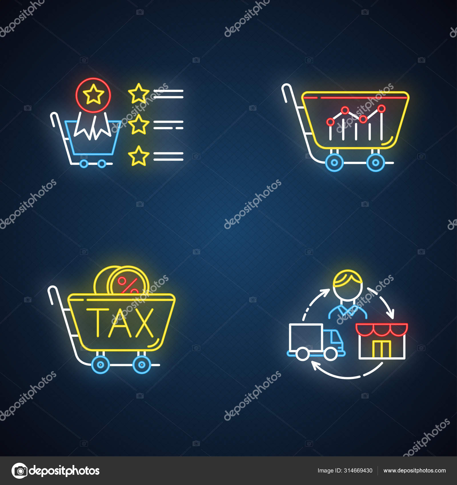 Trading neon light icons set. Marketing research. Best seller list, sell  analytics, sales tax ID, dropshipping. Business organization. Product  promotion. Glowing signs. Vector isolated illustrations Stock Vector by  ©bsd_studio 314669430