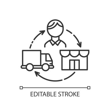 Doğrusal simge indiriliyor. Teslimatı bırak. Müşteriye ürün teslimatı. Mal taşımacılığı. Satış işi. İnce çizgili çizim. Contour sembolü. Vektör izole çizim. Düzenlenebilir vuruş