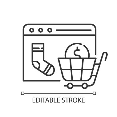Çevrimiçi web sitesi doğrusal simgesi. İnternetten pazar alışverişi. İnternet ticareti. E tüccarı. İnce çizgili çizim. Contour sembolü. Vektör izole çizim. Düzenlenebilir vuruş