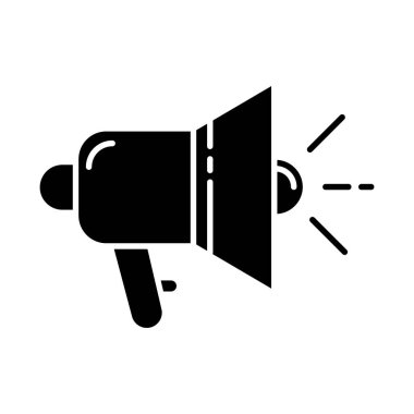 Promosyon araçları simgesi. Megafon. Bilgilendirici müşteriler. Reklam kampanyası. Pazarlama ürünü. Hoparlör. Propaganda sembolü. Siluet sembolü. Boşluk yok. Vektör izole illüstrasyonu