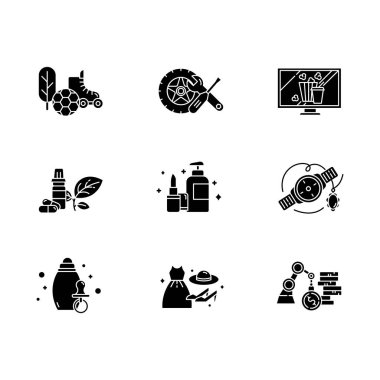 E ticaret departmanları sembol seti. Online alışveriş kategorileri. Güzellik, kişisel bakım. Moda. Mücevherler, saatler. Otomobil parçaları. Spor ve açık hava. Siluet sembolleri. Vektör izole illüstrasyonu