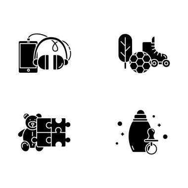 E ticaret departmanları sembol seti. Online alışveriş kategorileri. İnternet perakendecisi. Bebek oyuncakları. Telefonlar ve aksesuarlar. Spor ve açık hava. Siluet sembolleri. Vektör izole illüstrasyonu