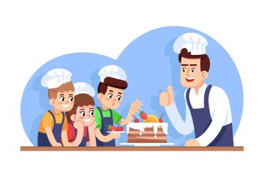 ?Hildren aşçılık sınıfı düz vektör çizimi. Çocuklar için aşçılık okulu. Anneler günü için tedavi. Ders dışı aktiviteler. Faiz kulübü. Çocuklar pasta süslüyor, şef çizgi film karakterlerini onaylıyor.