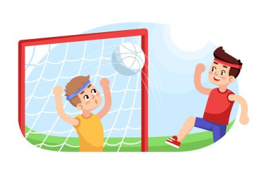 Futbol oynayan çocuklar düz vektör illüstrasyonu. Çocuklar için spor klubü. Genç sporcular için takım oyunu. Ders dışı açık hava aktiviteleri. Şampiyona çizgi filmlerindeki çocuk oyuncular.