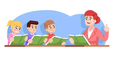 Çocuk korosu düz vektör illüstrasyonunun provası. Çocuklar topluluğu. Müzik okulu gösterisi. Ders dışı aktiviteler. Kız ve erkek çocuklar şarkı söylemeye hazır, öğretmen çizgi film karakterleri yönetiyor.