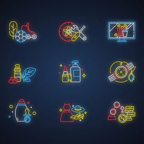 E commerce departments neon light icons set. Online shopping categories. Beauty, personal care. Jewelry and watches. Auto parts. Sports and outdoors. Glowing signs. Vector isolated illustrations — Stock Vector