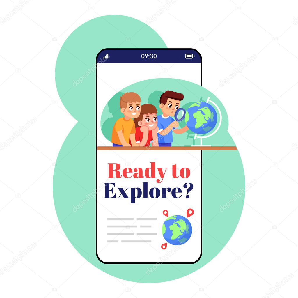 Ready to explore smartphone app screen. Mobile phone display with cartoon characters design mockup. Electronic educational atlas. Geography kids application telephone interface