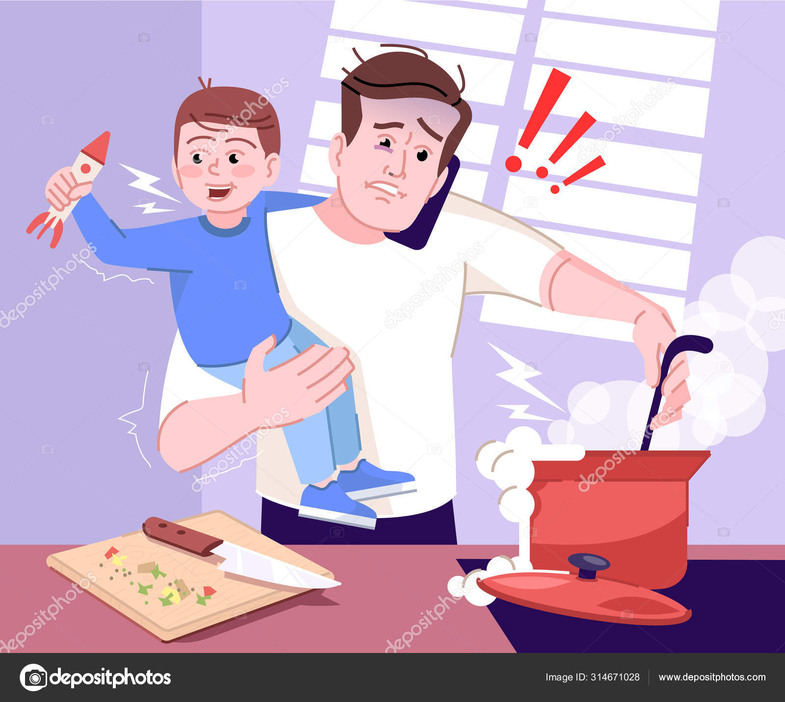 Stressed father at home flat vector illustration. Dad cooking, talking on phone and holding son on hands cartoon characters. Multitasking man working at home. Routine anxiety. Parental leave Stock Vector Image by © Stressed father at home flat vector illustration. Dad cooking, talking on phone and holding son on hands cartoon characters. Multitasking man working at home. Routine anxiety. Parental leave Stock Vector Image by ©