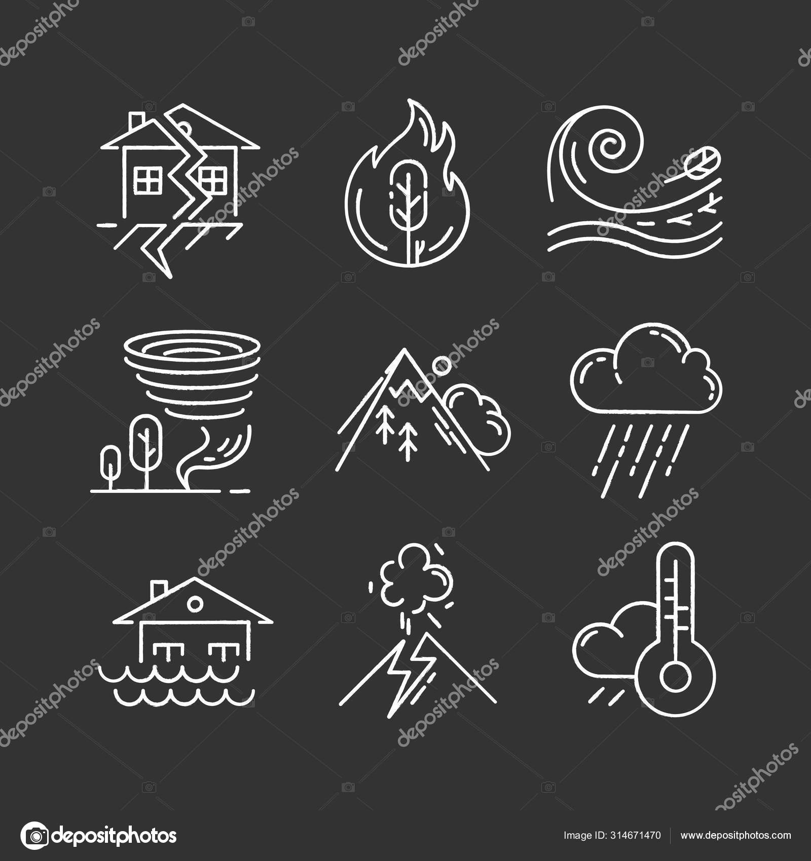 Natural Disaster Chalk Icons Set Environmental Hazards