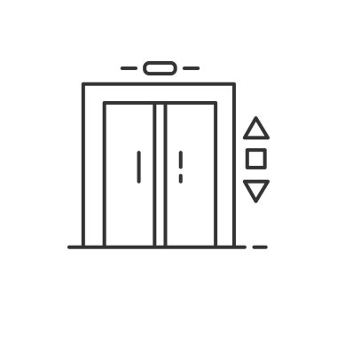 Asansör kaldırma girişi doğrusal simgesi. Hızlı bir kat ulaşımı. İnce çizgi çizgili semboller. İzole vektör çizelgesi çizimi. Düzenlenebilir vuruş