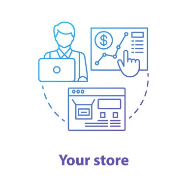 Dükkanınızın mavi konsept ikonu. Girişimcilik fikri ince çizgi çizimi. Çevrimiçi mağaza yönetimi. Dijital pazarlama. Başarılı bir iş, finansal satış konuşması. Vektör izole çizimi