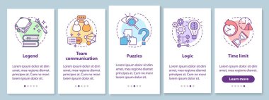 Doğrusal kavramlar içeren mobil uygulama sayfası ekranında kaçış odası. Görev oyunu. Takım iletişimi, mantık. Beş aşamalı grafik talimatlar. Ux, Ui, resimli Gui vektör şablonu
