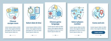 Kaçış odası seyyar uygulama sayfası ekranında doğrusal kavramlarla dolu özel ders rezervasyonu. Macera oyununu, tarihi, saati seçin. Yürüyüş adımları grafiksel talimatlar. Ux, Ui, resimli Gui vektör şablonu