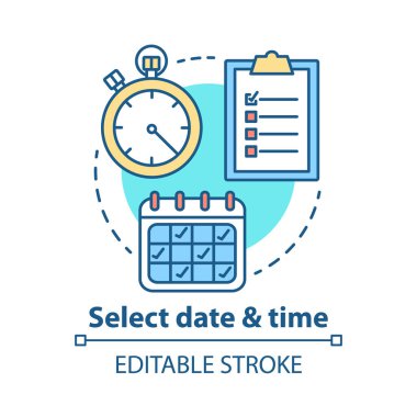 Select date and time concept icon. Choose day thin line illustration. ?eservation, booking. Time management and scheduling. Calendar and stopwatch. Vector isolated outline drawing. Editable stroke clipart
