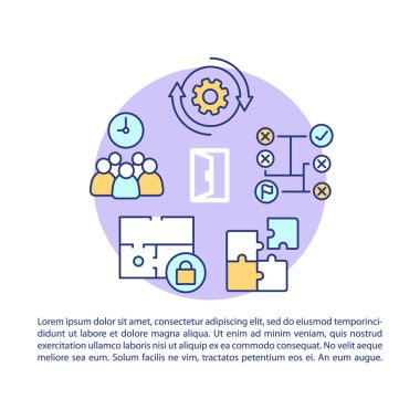 Kaçış odası makale sayfası vektör şablonu. Görev oyunu. Takım çalışması stratejisi. Broşür, dergi, doğrusal simgeli kitapçık tasarımı öğesi. Yazdırma tasarımı. İllüstrasyonları metinle kavra