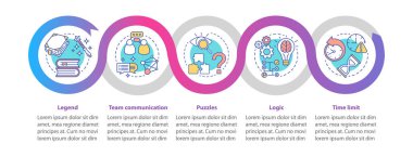 Kaçış odası vektör bilgi şablonu. Görev oyunu. İş sunumu tasarım elemanları. Beş adım ve seçeneklerle veri görselleştirme. Zaman çizelgesi. Doğrusal simgelerle çalışma akışı düzeni