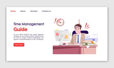Zaman yönetimi rehberi iniş sayfası şablonu. Günlük stres web sitesi arayüzü, düz çizimler. İş yeri ana sayfa düzeni. Çok çalışan biri. Son teslim tarihi web pankartı, web sayfası çizgi film kavramı