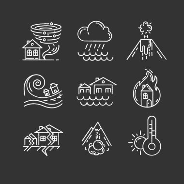 Doğal afet tebeşirleri ayarlandı. Jeolojik, atmosferik felaketler. Deprem, orman yangını, tsunami, kasırga, çığ, sel, sağanak, volkanik patlama. İzole edilmiş vektör karatahta çizimleri