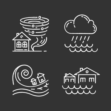 Doğal afet tebeşirleri ayarlandı. Küresel iklim tehlikeyi değiştirir. Kasırga, sel, sağanak, tsunami. Jeolojik, atmosferik felaketler. İzole edilmiş vektör karatahta çizimleri