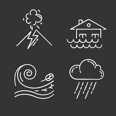 Doğal afet tebeşirleri ayarlandı. Jeolojik ve atmosferik tehlikeler. Sel, tsunami, volkanik patlama, sağanak yağmur. Doğanın yıkıcı gücü. İzole edilmiş vektör karatahta çizimleri