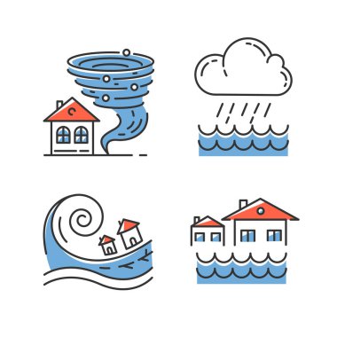Doğal afet mavi renk simgeleri ayarlandı. Küresel iklim tehlikeyi değiştirir. Kasırga, sel, sağanak, tsunami. Jeolojik, atmosferik felaketler. Çevresel felaketler. İzole vektör çizimleri