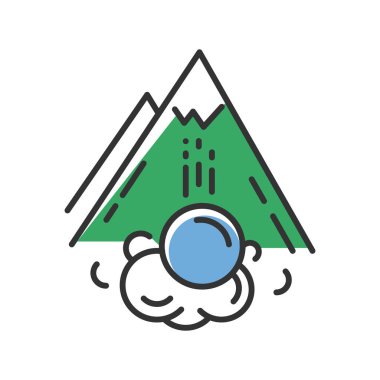 Çığ yeşili renk simgesi. Ani kar kayması, heyelan. Beklenmedik heyelan. Buzulların yer değiştirmesi. Dağ yamacından kar ve buz düşüyor. Doğal afet. İzole vektör illüstrasyonu