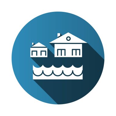 Su baskını düz tasarım uzun gölge simgesi. Suyun taşması. Batan ev. Sualtı binası. Yerel su baskını. Deniz seviyesi yükseliyor. Doğal afet. Vektör silueti çizimi