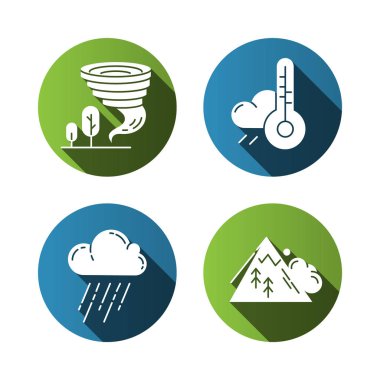 Doğal afet düz tasarım uzun gölge sembolleri ayarlandı. Küresel iklim değişiklikleri Hava tahmini, çığ, kasırga, sağanak yağış. Çevresel tehlikeler. Vektör silueti çizimi