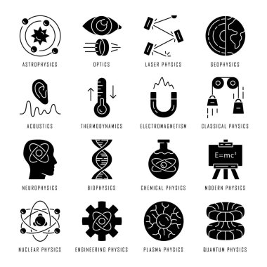 Fizik, kabartma simgeleri oluşturur. Fiziksel süreçler ve fenomenler. Klasik, modern ve kuantum fiziği. Elektromanyetizma, termodinamik. Siluet sembolleri. Vektör izole illüstrasyonu
