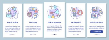 Doğrusal kavramlarla mobil uygulama sayfası ekranında önleme dolandırıcılığı. Çevrimiçi. Beş aşamalı grafik talimatlar. Bedava dolandırıcılık alarmı. Ux, Ui, resimli Gui vektör şablonu