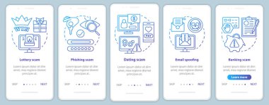 Mobil uygulama sayfa vektör şablonu üzerindeki scam türleri. Doğrusal çizimler içeren web sitesi adımları. Piyango dümeni. Ux, Ui, Gui akıllı telefon arayüzü kavramı