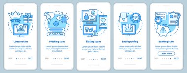 Mobil uygulama sayfası ekranında lineer kavramları olan dolandırıcı tipleri. Beş aşamalı grafik talimatlar. Piyango, flört dolandırıcılığı. E-posta sahteciliği. Ux, Ui, resimli Gui vektör şablonu