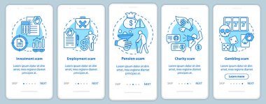 Mobil uygulama sayfası ekranında lineer kavramları olan dolandırıcı tipleri. Beş aşamalı grafik talimatlar. Yatırım ve emeklilik dolandırıcılığı. Ux, Ui, resimli Gui vektör şablonu