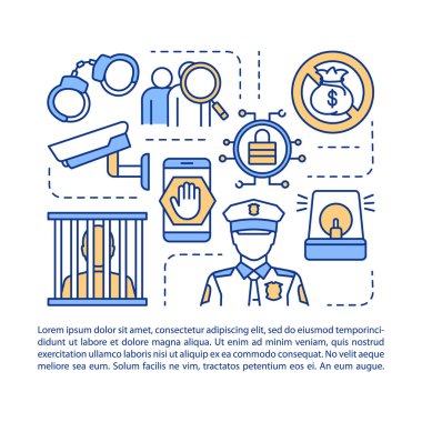 Dolandırıcılık önleme maddesi sayfa vektör şablonu. Dolandırıcılık koruma broşürü, dergi, doğrusal simgeli kitapçık tasarımı öğesi. Yasadışı eylemler yasaklandı. Yazdırma tasarımı. İllüstrasyonları metinle kavra