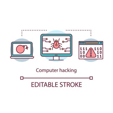 Bilgisayar hack konsepti simgesi. Siber saldırı fikri ince çizgi çizimi. Kişisel bilgileri çalıyorum. İnternet suçu, dolandırıcılık. Böcekler ve virüsler. Vektör izole çizim. Düzenlenebilir vuruş