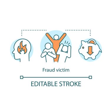 Sahtekarlık mağduru ikonu. Dolandırıcılık fikri ince çizgi çizimi. Para, mülk, mal kaybetmek. Kandırmaca ve aldatmaca. Suç duyurusunda bulunuyorum. Vektör izole çizim. Düzenlenebilir vuruş