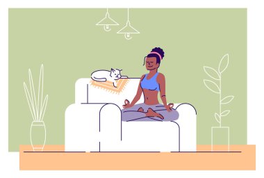 Nilüfer pozisyonunda meditasyon yapan kız düz vektör çizimi. Stres yönetimi. Harmony, zihin dengesi. Sakin kadın ve uyuyan kedi, yeşil arka planda ana hatları olan çizgi film karakteri.