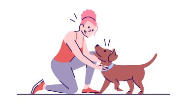Happy caucasian girl and cheerful puppy flat vector illustration. Play with animal. Young smiling woman and playful dog isolated cartoon character with outline elements on white background