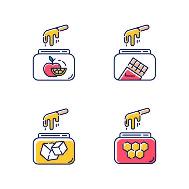 Sert soğuk ağda rengi simgesi. Doğal meyve, şeker, bal, kavanozda spatula ile çikolata mumu. Saç temizleme ekipmanı. Tüy dökümü için aletler. Güzellik tedavisi kozmetik. İzole vektör çizimleri