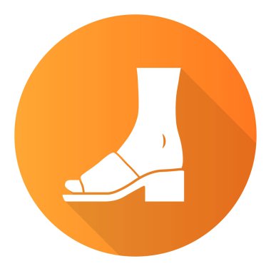 Katır sandaleti turuncu düz dizayn uzun gölge simgesi. Kadın şık ayakkabı tasarımı. Kadın ayakkabıları, yüksek topuklu ayakkabılar. Moda retro giysi aksesuarı. Vektör silueti çizimi