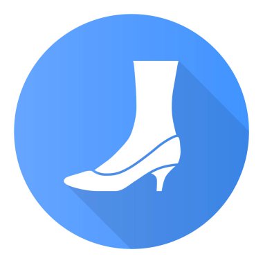 Kedi topuklu ayakkabılar mavi düz dizayn uzun gölge sembolü. Kadınlar şık resmi ayakkabılar giyer. Gündelik ve resmi retro topuklular. Modaya uygun bayan giyim aksesuarı. Vektör silueti çizimi