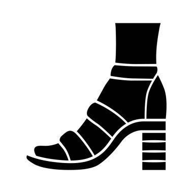 Yüksek topuklu glyph simgesini engelle. Kadın ayakkabısı. Sıradan kadın ayakkabıları, ayak bileği kayışlı yaz sandaletleri. Kıyafet aksesuarı. Siluet sembolü. Boşluk yok. Vektör izole illüstrasyonu