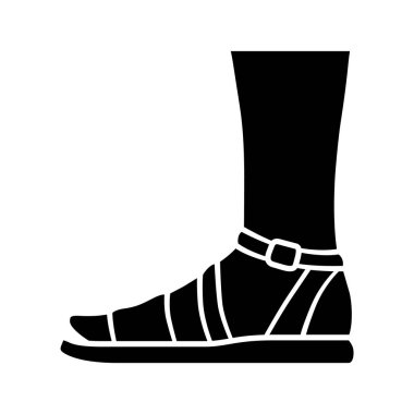 Sandals kabartma simgesi. Kadın şık ayakkabı tasarımı. Sıradan kadın ayakkabıları, ayak bileği kayışlı, modern yaz ayakkabıları. Kadın giysi aksesuarı. Siluet sembolü. Boşluk yok. Vektör izole illüstrasyonu