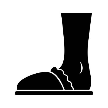 Ev terliği sembolü. Kadın ayakkabısı, giysi tasarımı. Kadın pofuduk rahat ayakkabılar yan görünüm. Kadın giysi aksesuarı. Siluet sembolü. Boşluk yok. Vektör izole illüstrasyonu