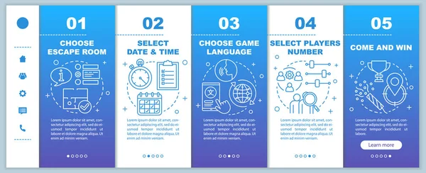 エスケープルームブルー予約オンボーディングモバイルWebページベクトルテンプレート。クエストを選んでください。リニアイラストでレスポンシブなウェブサイトインターフェイスのアイデア。ウェブページはステップスクリーンを歩く。カラーコンセプト — ストックベクタ